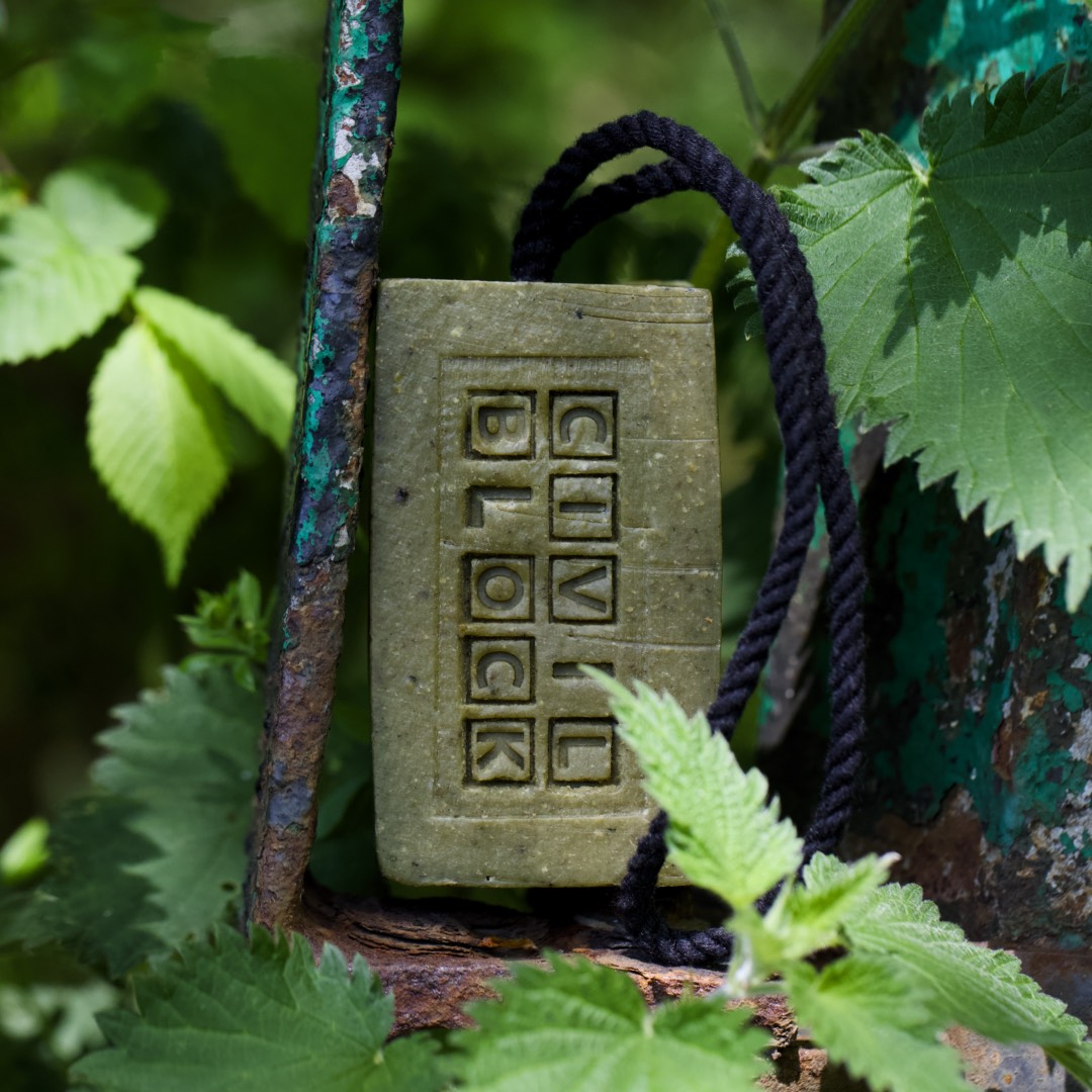 MENTAL BLOCK Nettle Lemongrass Soap on a Rope Unwrapped